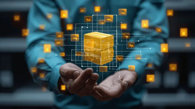 Business worker holds digital data cube while icons float over a computer desk