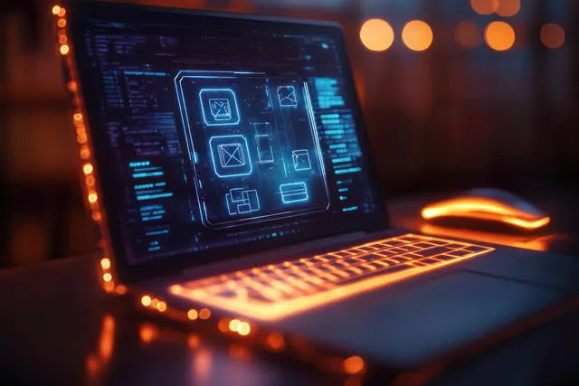 A laptop screen shows digital course panels with floating holographic icons over a cyberpunk desk.