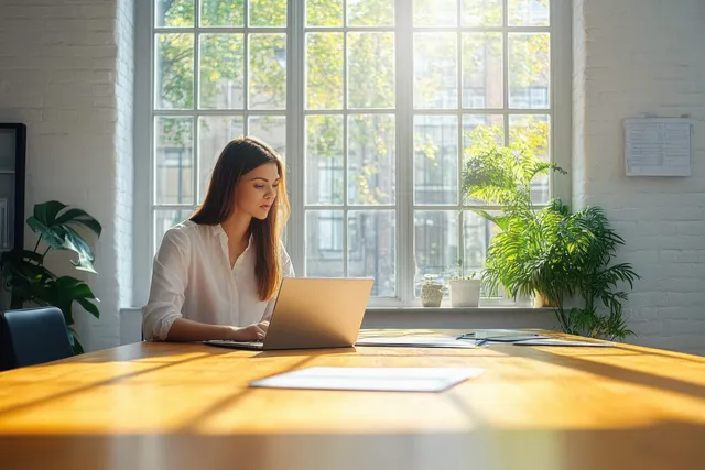 A manager reviews documents with an employee at a desk in a sunlit office with large windows.