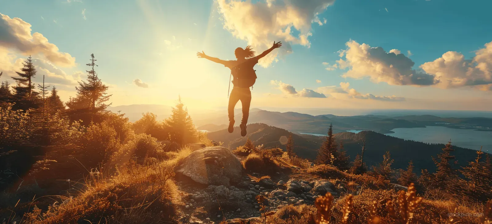 A hiker jumps on a rocky summit at sunrise, arms raised above a misty valley with pine trees below.
