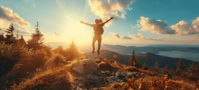 A hiker jumps on a rocky summit at sunrise, arms raised above a misty valley with pine trees below.