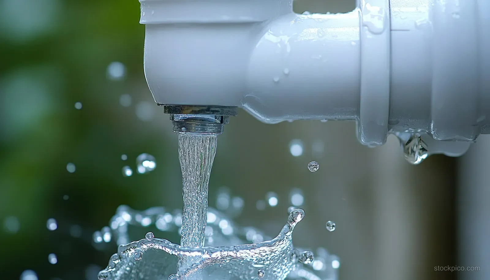 A leaking pipe sprays water from a joint with droplets suspended in the air.