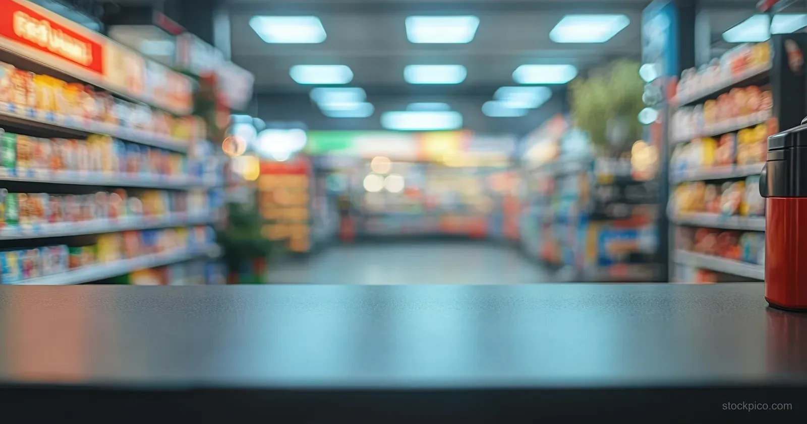 Empty retail store aisle with neatly stocked shelves and bright overhead lights above