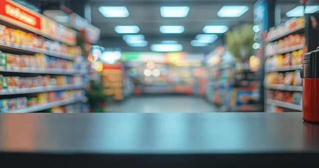 Empty retail store aisle with neatly stocked shelves and bright overhead lights above