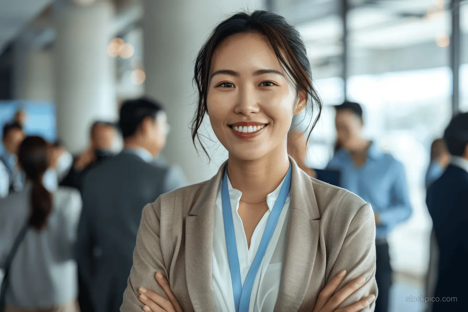 Smiling businesswoman in a beige blazer stands with arms crossed while people mingle behind her at an indoor event.