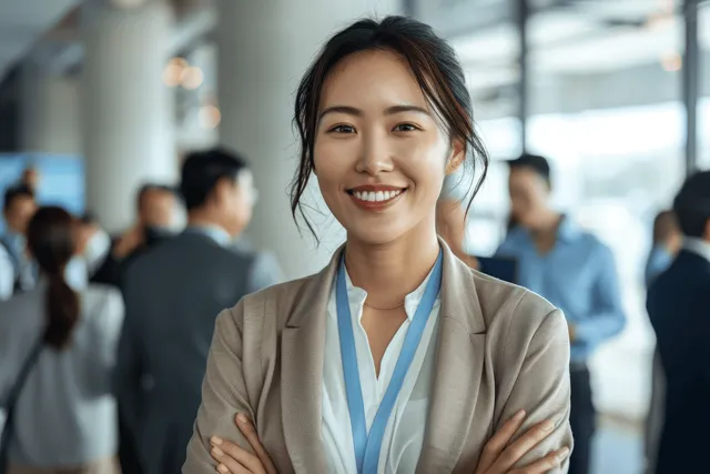 Confident businesswoman stands with arms crossed at indoor networking event with blurred colleagues