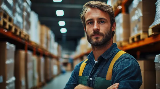 Warehouse worker portrait with arms crossed in distribution aisle under bright ceiling lights