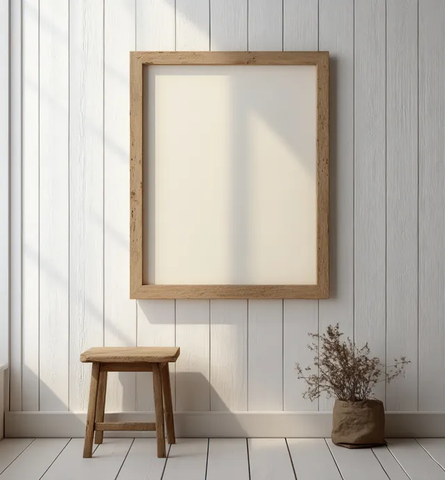 Minimalist wooden picture frame on light wood wall with soft daylight and small stool