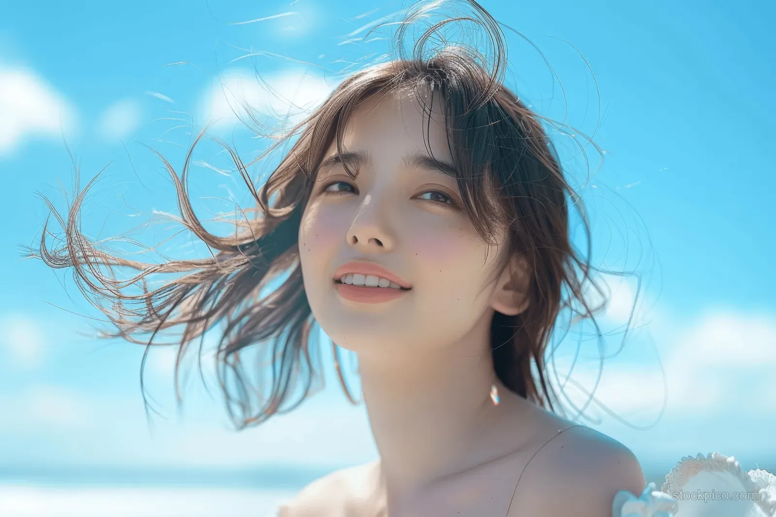 Smiling Japanese woman in a white dress outdoors with wind blowing her hair across a blue sky.