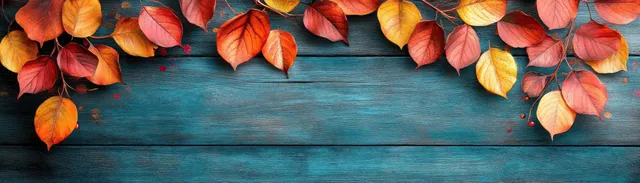 Colorful autumn leaves frame the top of rustic blue wooden boards with empty banner space below.