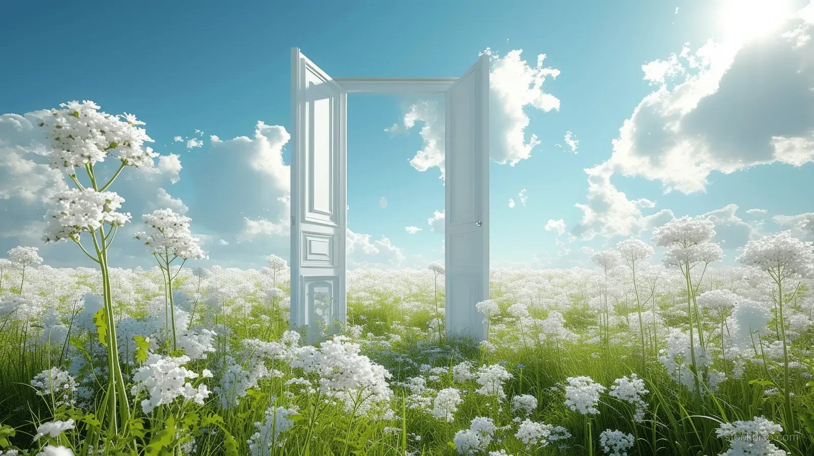 White open door in a spring meadow with white blossoms under a bright blue sky and sunlit clouds.
