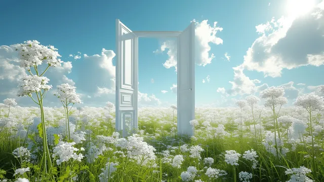 White open door in a spring meadow with white blossoms under a bright blue sky and sunlit clouds.