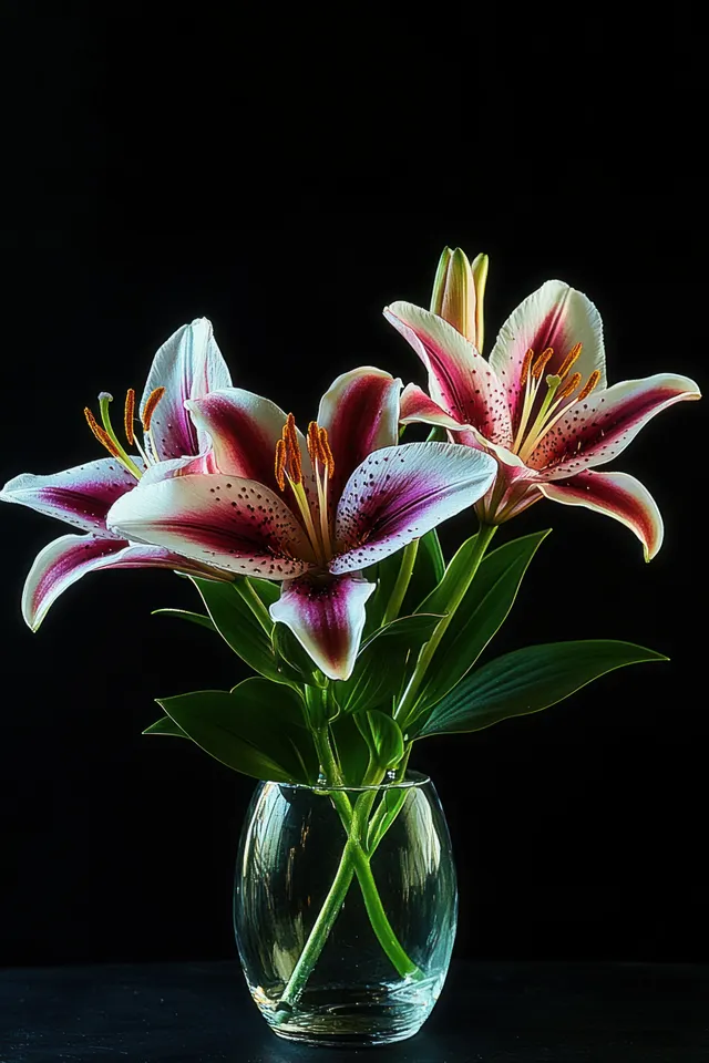 Three pink and white lilies in glass vase on dark background