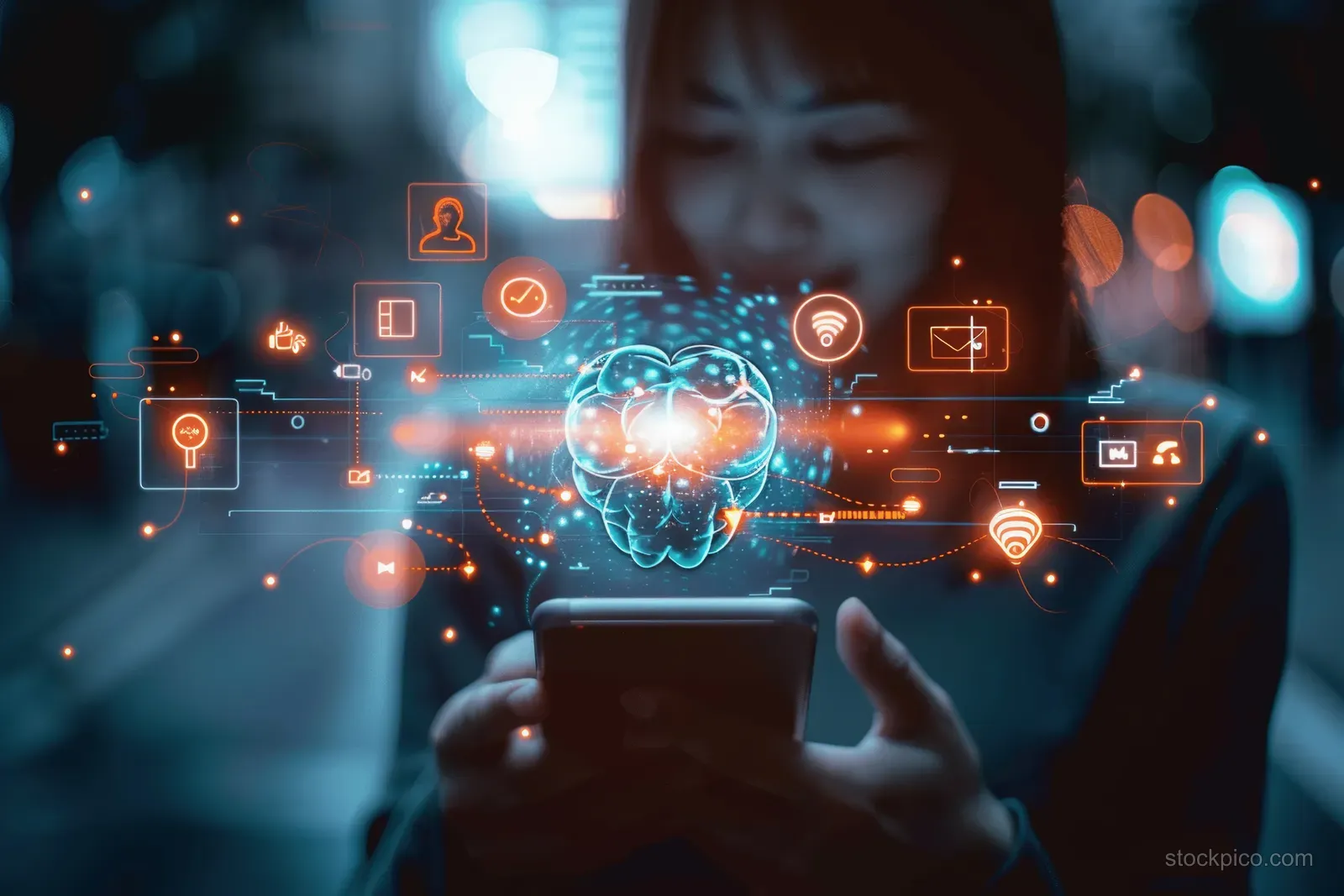 A businessman holds a smartphone as glowing AI chatbot icons float over a virtual office background.