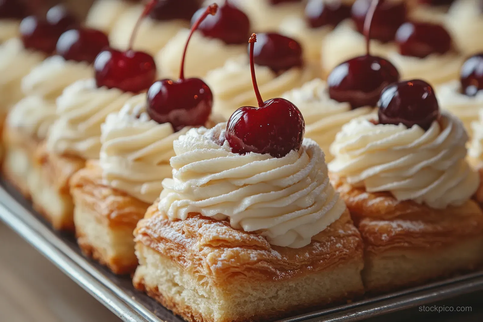 Sicilian cassata pastry with white icing rosettes and red cherries sits on a metal tray.