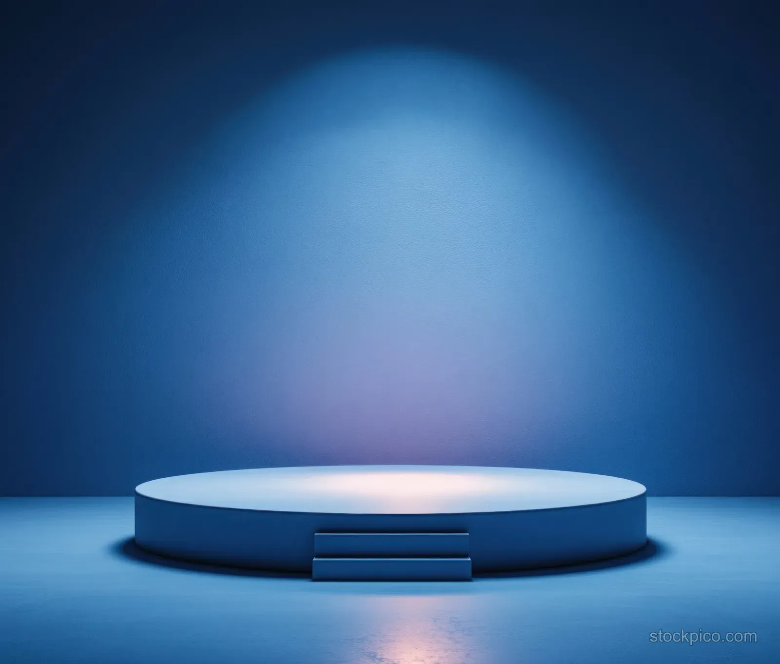 A round blue abstract podium displays on a studio floor under a soft gradient light with gentle shadows.