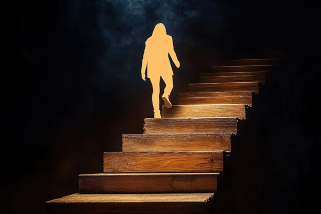 A silhouetted person climbs an illuminated wooden staircase into a dark, shadowy space with glowing steps.