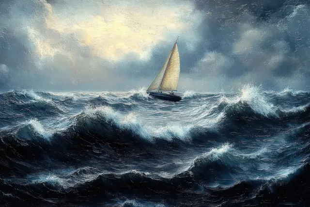 A sailboat battles churning ocean waves under dramatic storm clouds and flying sea spray.