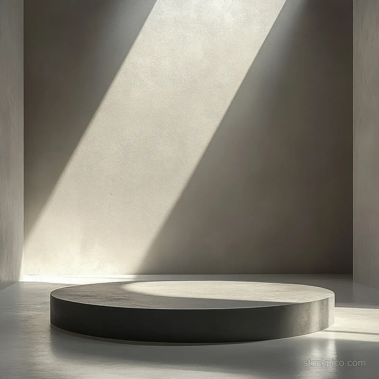 An empty minimalist interior with a round concrete platform and textured beige walls lit by an angled natural light beam.