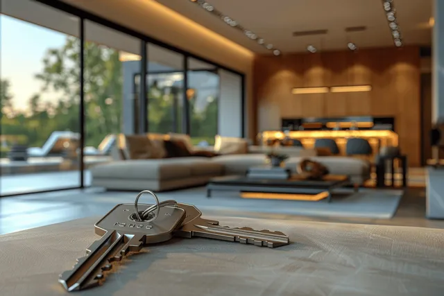 House keys on kitchen counter beside open keys, with blurred living room windows