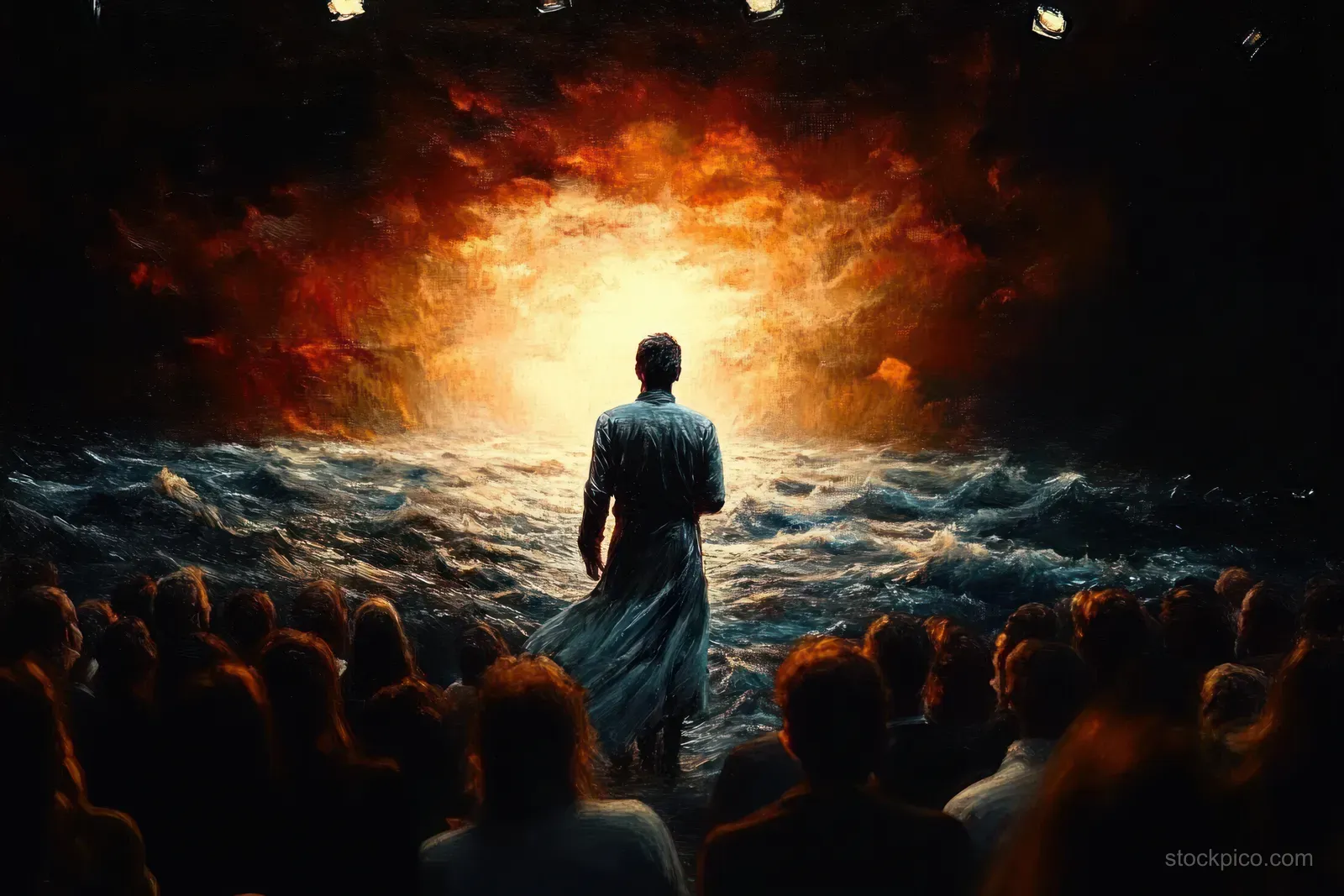 Silhouette of a lone figure standing by rough ocean waves while a glowing horizon illuminates a watching crowd.