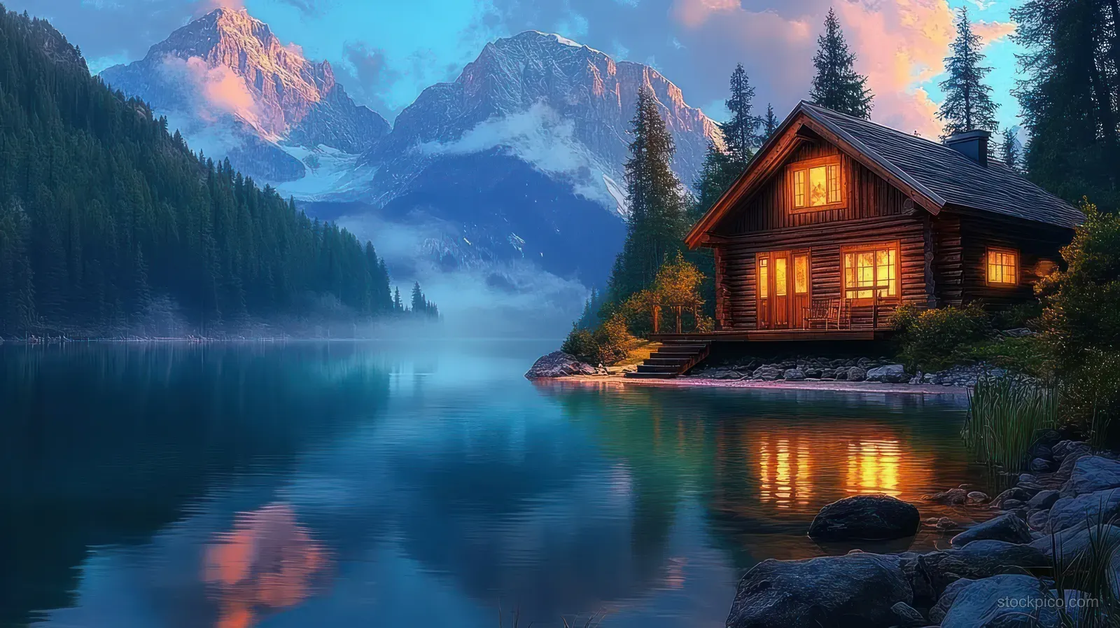 A warmly lit wooden cabin sits beside a twilight lake as mountains loom in the distance and reflect on the water.