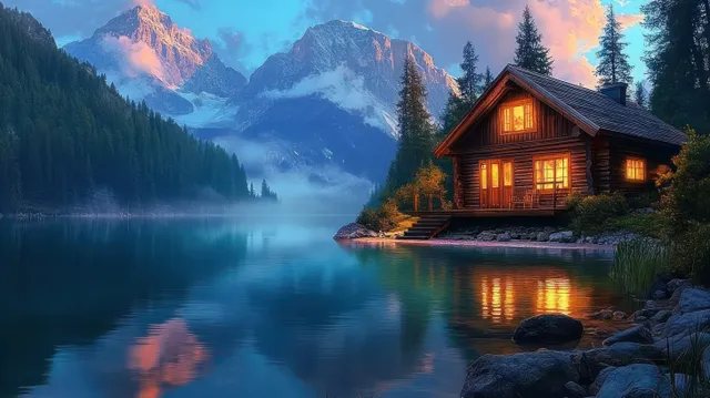 A warmly lit wooden cabin sits beside a twilight lake as mountains loom in the distance and reflect on the water.