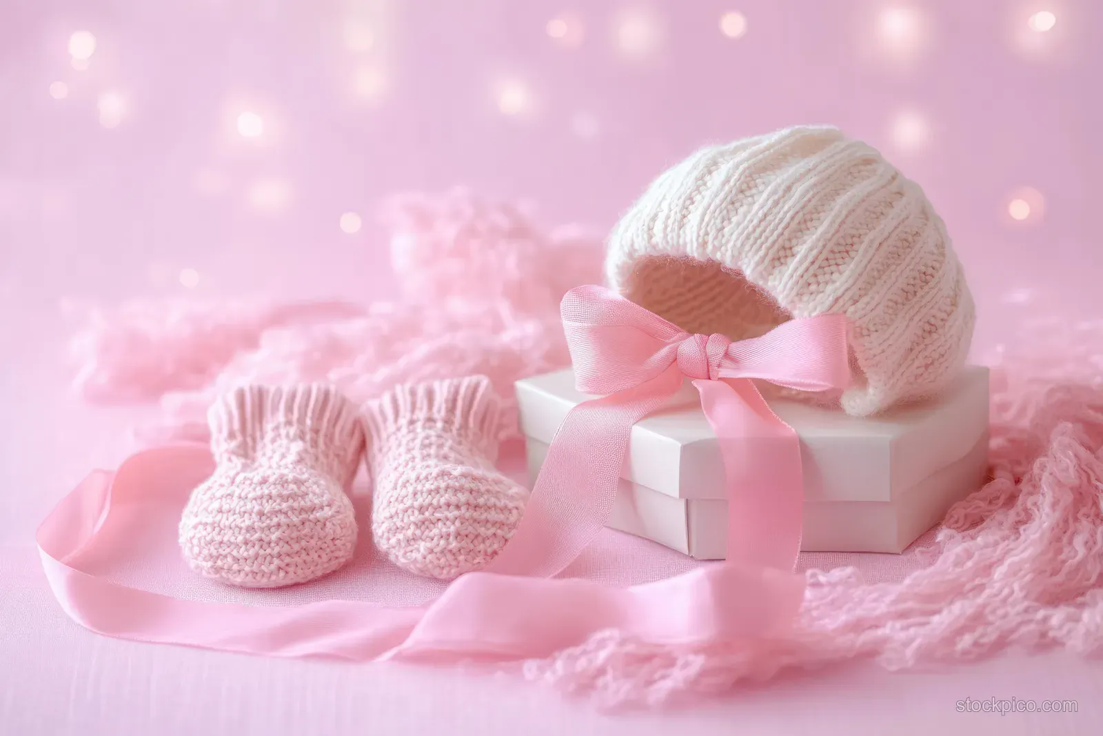 Knit baby booties and bonnet on a pink blanket beside a ribbon-tied gift box.