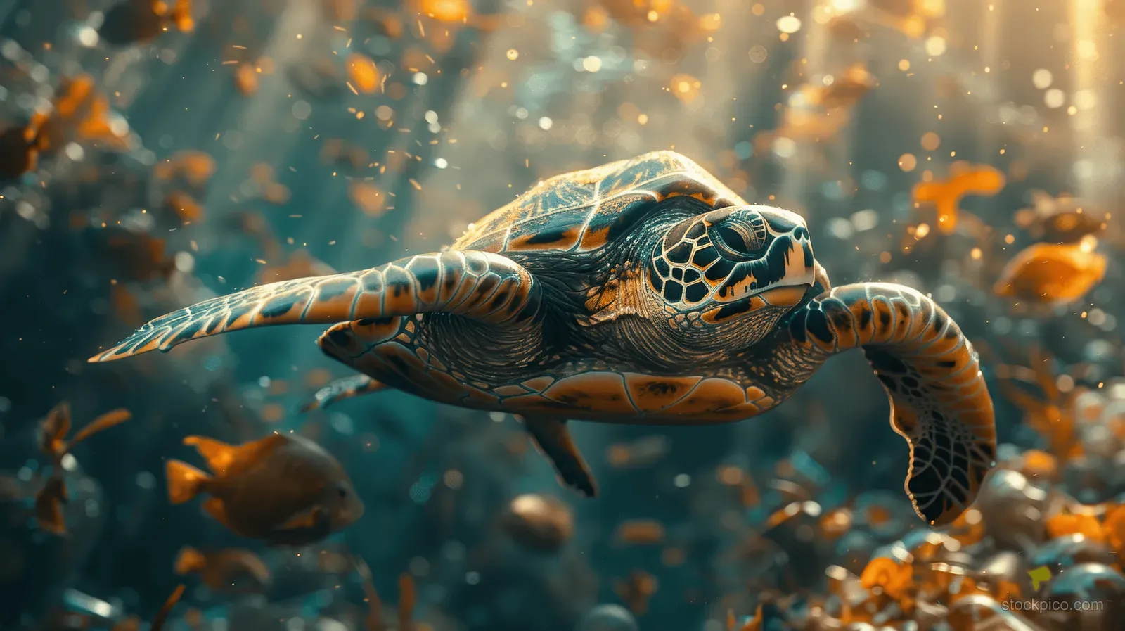 Sea turtle swims underwater amid floating plastic debris while sunlight beams scatter through murky ocean water.