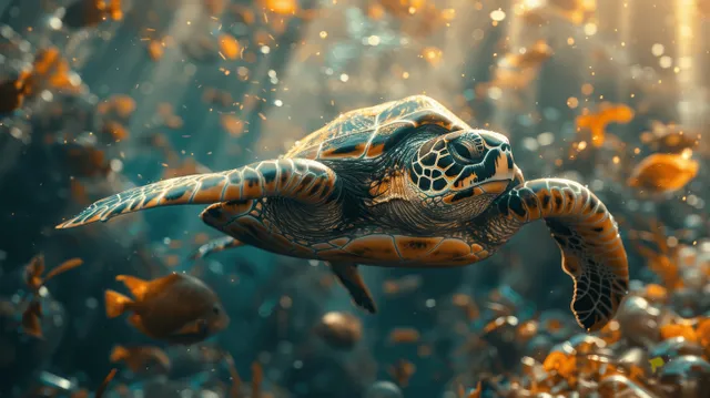 Sea turtle swims underwater amid floating plastic debris while sunlight beams scatter through murky ocean water.