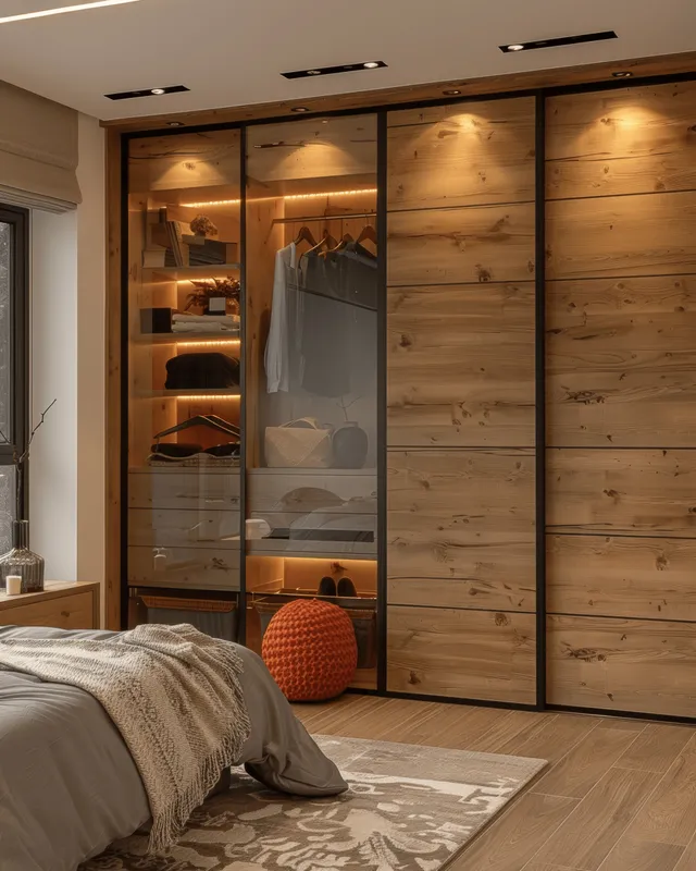 White and wood sliding wardrobe with glass panels stands beside a made bed in a minimalist Scandinavian bedroom.