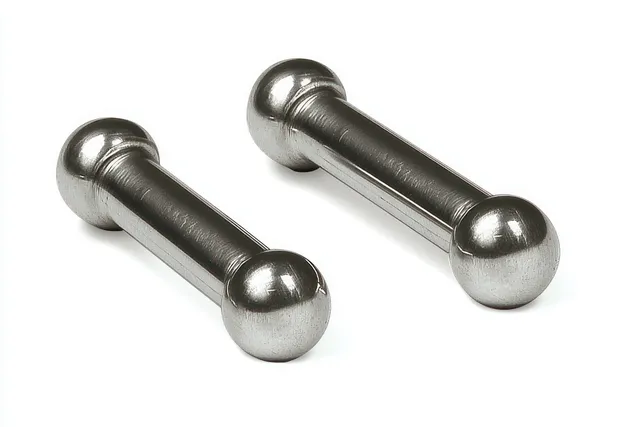 Two small steel cylindrical weights with rounded ends on a clean white background