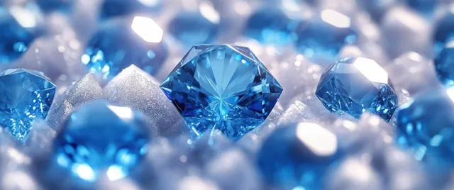 Multiple faceted blue gemstones sparkle and reflect light while resting on a soft white surface.