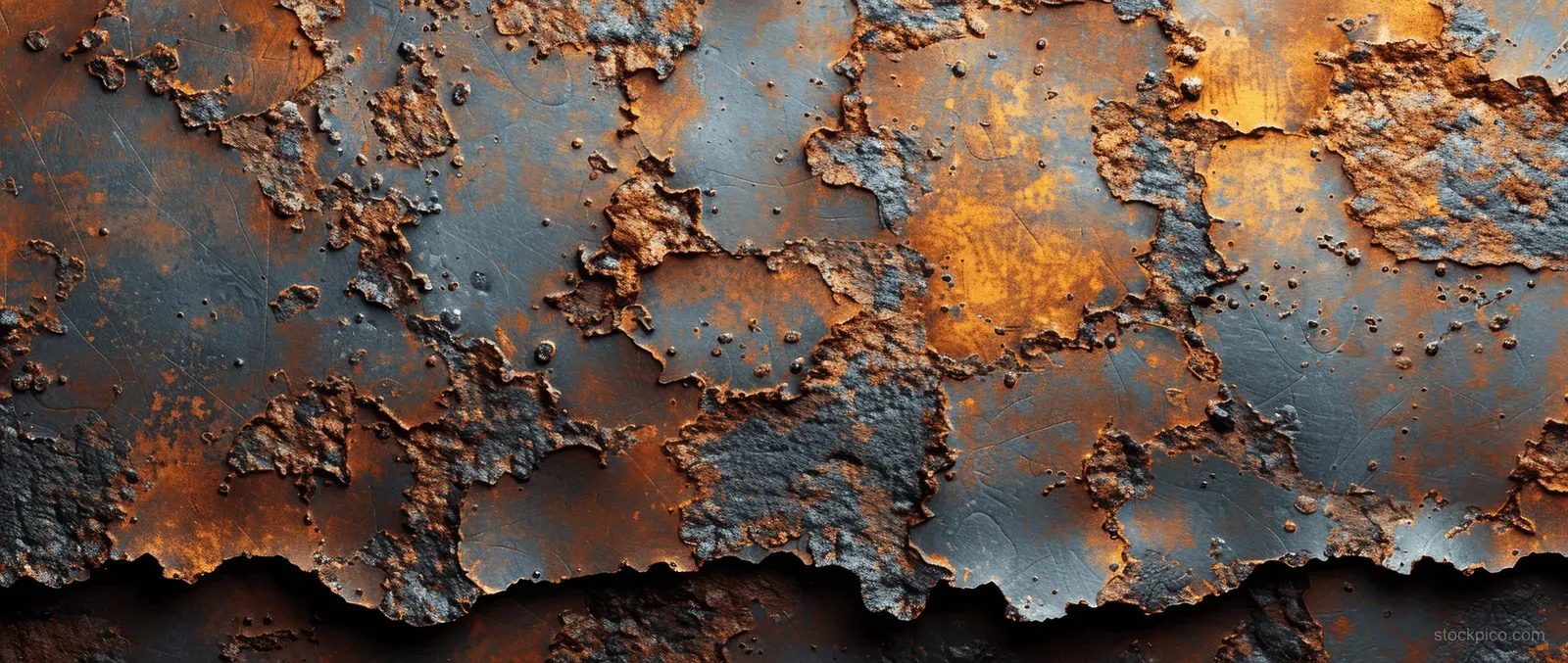 Close-up of a rusted metal surface with flaking orange-brown corrosion and dark rough grunge patches.