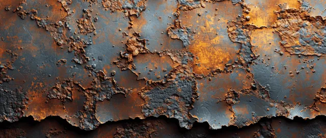 Close-up of a rusted metal surface with flaking orange-brown corrosion and dark rough grunge patches.