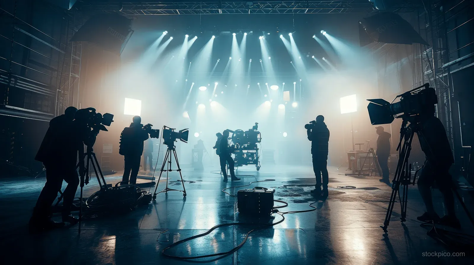 Film crew members work with tripod cameras and lights in a blue foggy studio set, silhouetted against strong beams.