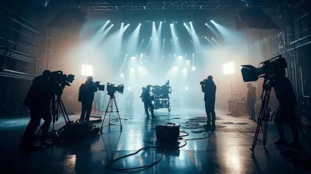 Film crew members work with tripod cameras and lights in a blue foggy studio set, silhouetted against strong beams.