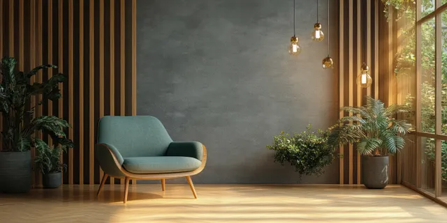 Green armchair in a modern living room corner with wooden slat panels and warm pendant lights.