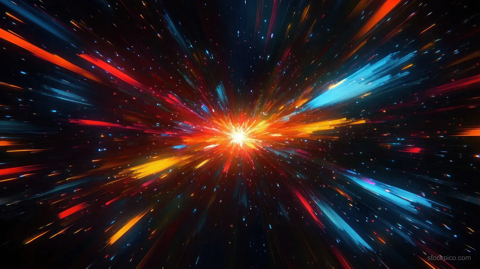 A multicolored cosmic light burst radiates outward from a bright center across a dark starry space background.