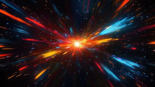 A multicolored cosmic light burst radiates outward from a bright center across a dark starry space background.