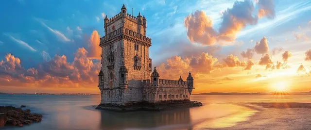 A historic stone tower rises from calm ocean water at sunset, with golden reflections beneath dramatic clouds.