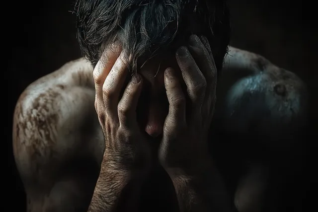Shirtless man covers face with dirty hands in dark dramatic closeup