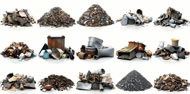 Assorted piles of trash and debris isolated on a white background.