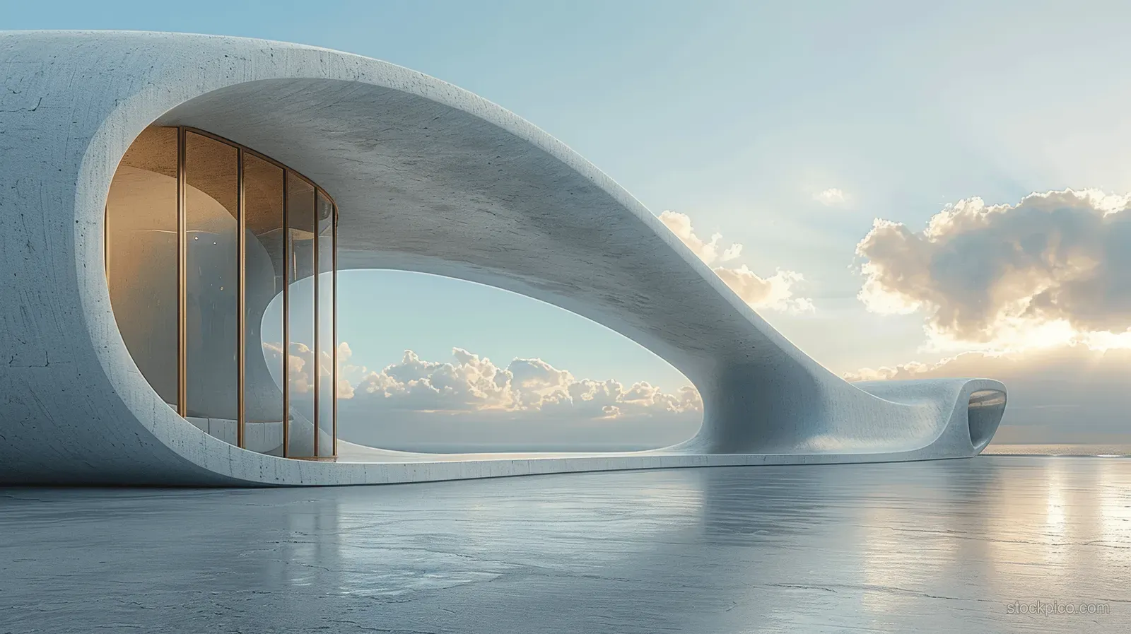 Curved white concrete futuristic building exterior with glass entrance and open sky above a reflective surface.