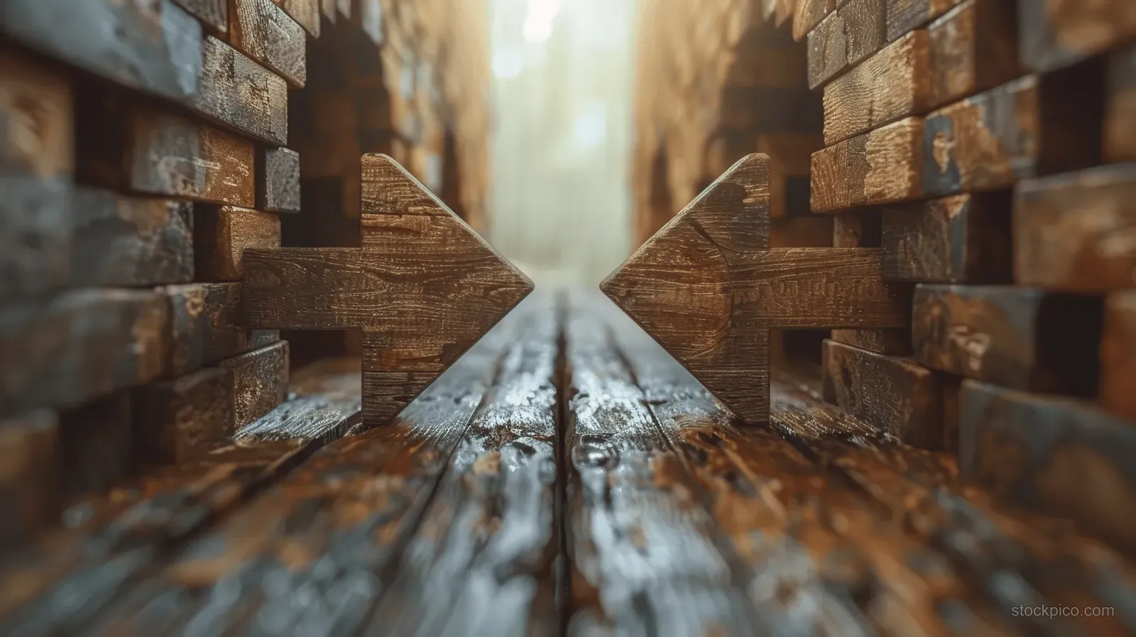Two wooden arrows pointing toward a central meeting point in a sunlit tunnel-like corridor.