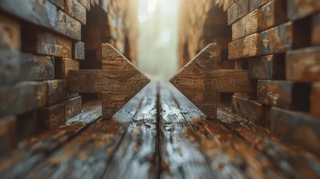 Wooden arrows pointing to shared agreement symbolizing business conflict resolution