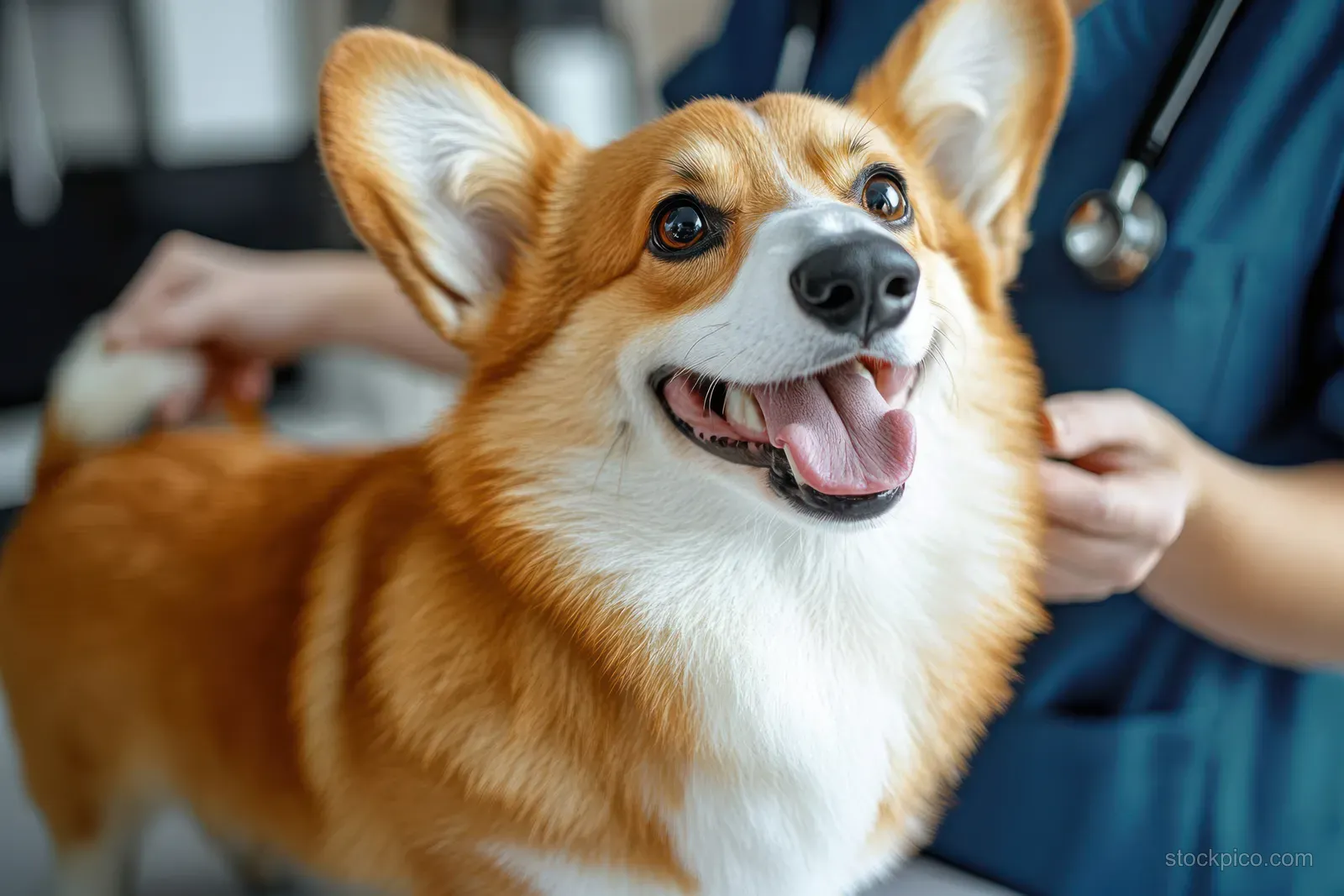 A Pembroke Welsh corgi receives a veterinary checkup at a clinic while a vet and assistant take notes.