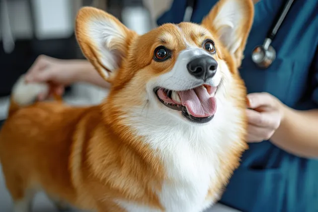 A Pembroke Welsh corgi receives a veterinary checkup at a clinic while a vet and assistant take notes.