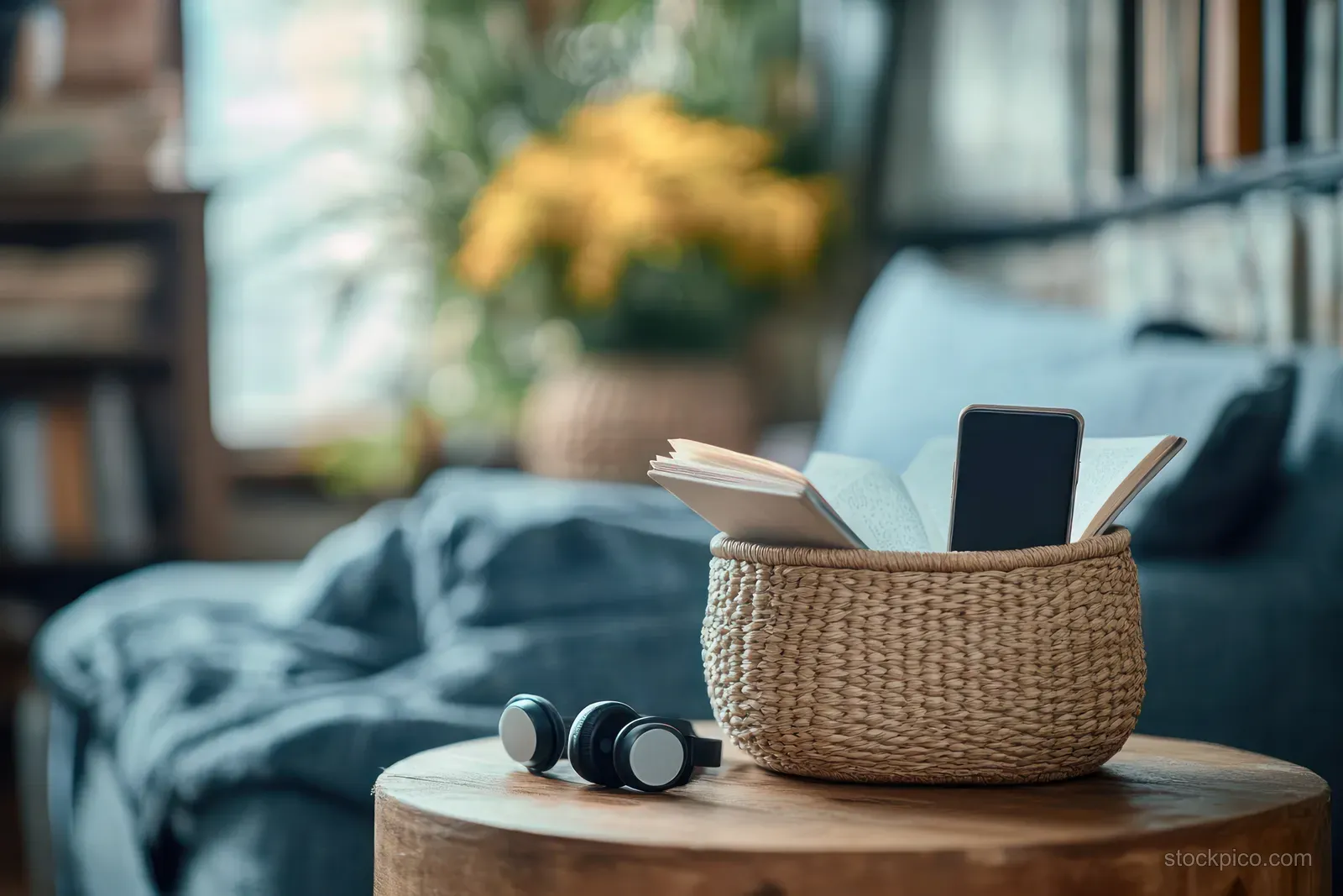 Open book inside a woven basket with a smartphone and headphones on a wooden table in a cozy living room.