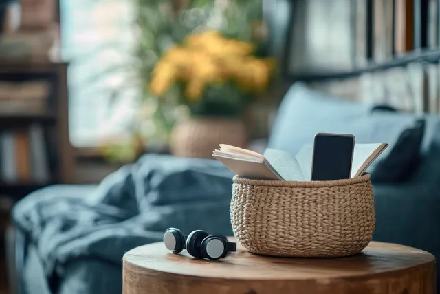 Open book inside a woven basket with a smartphone and headphones on a wooden table in a cozy living room.